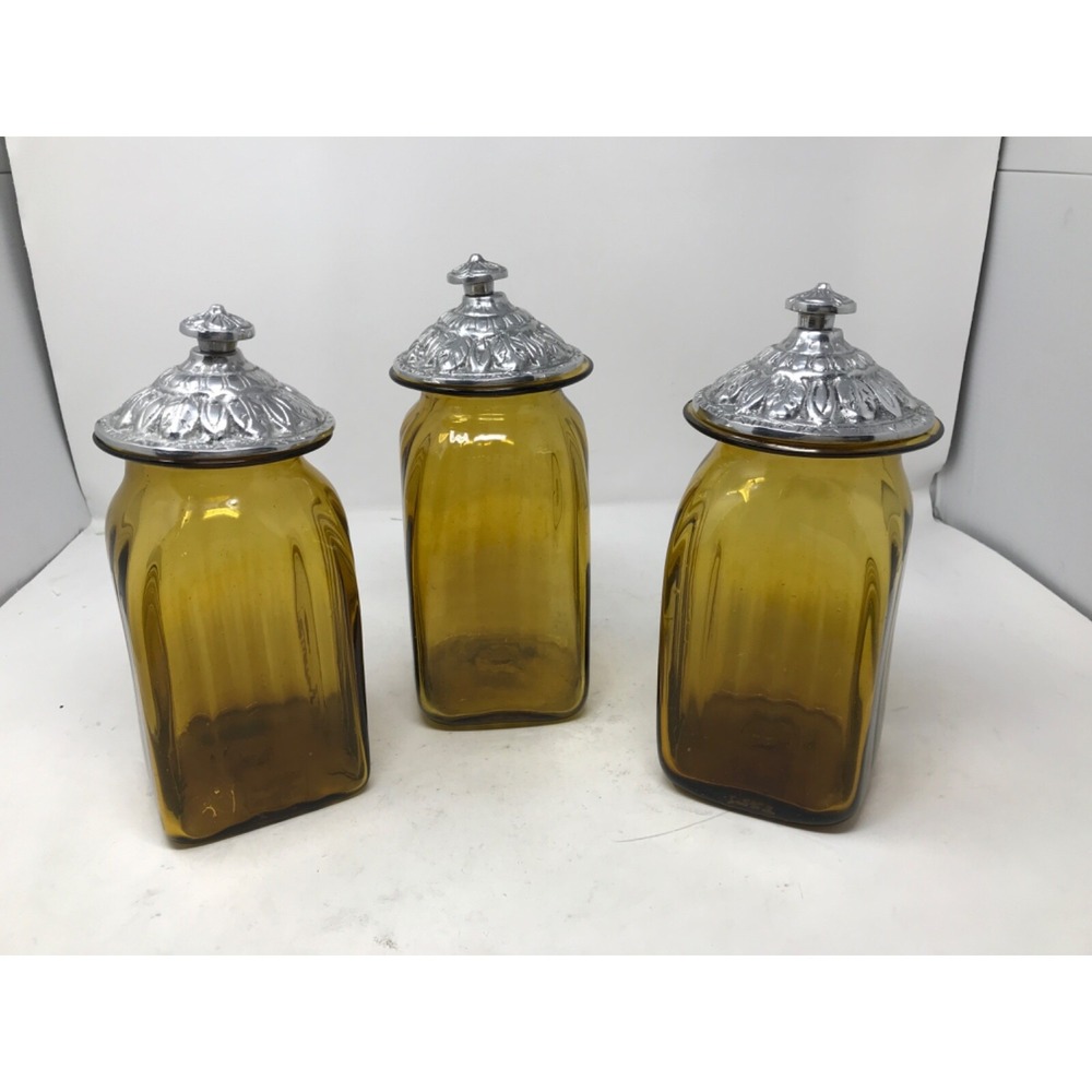 Canister Set of 3 Amber Ribbed Glass Holland Boone Pewter Lids Hand Blown Mexico